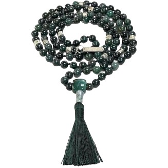 Find Balance & Harmony: Hand-Knotted Moss Agate Mala Necklace (8mm, 108 Beads) - Virgo Birthstone & Heart Chakra Balance