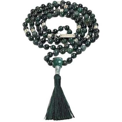 Find Balance & Harmony: Hand-Knotted Moss Agate Mala Necklace (8mm, 108 Beads) - Virgo Birthstone & Heart Chakra Balance