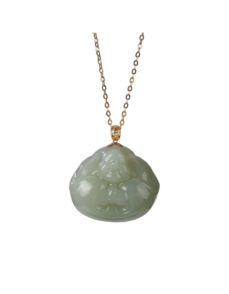 Vintage 18K Gold Plated Chain Necklaces for Women, Natural Green Jade Hug Buddha Pendant, 925 Sterling Silver Adjustable Jewelry Birthday Gift for Mom
