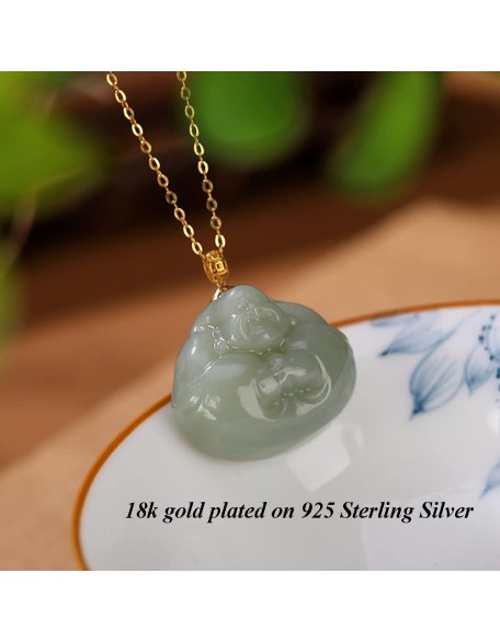 Vintage 18K Gold Plated Chain Necklaces for Women, Natural Green Jade Hug Buddha Pendant, 925 Sterling Silver Adjustable Jewelry Birthday Gift for Mom