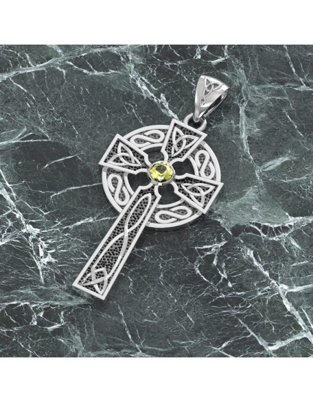 Men's 1.5in 925 Sterling Silver Genuine Peridot August Birthstone Irish Celtic Knot Cross Pendant Necklace, 22in to 26in