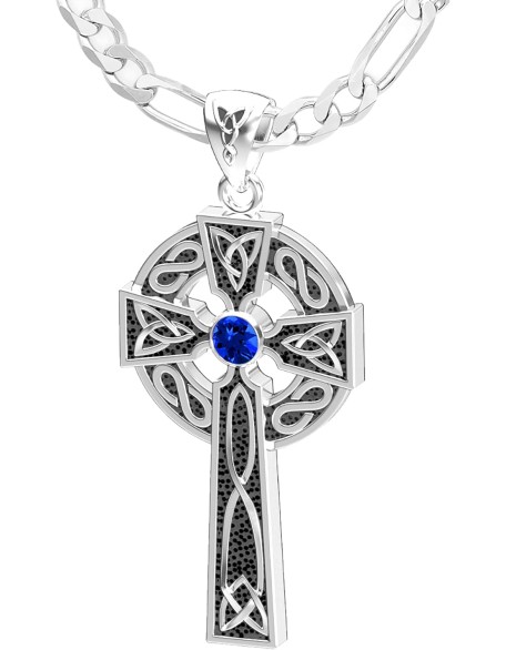 Men's 1.5in 925 Sterling Silver Synthetic Sapphire September Birthstone Irish Celtic Knot Cross Pendant Necklace, 22in to 26in