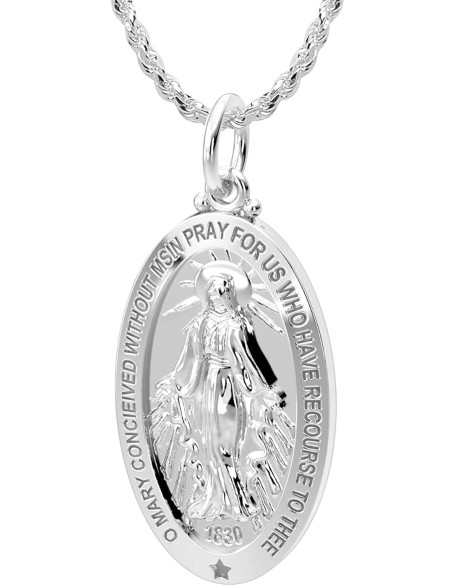 Ladies 26mm Polished 925 Sterling Silver Large Virgin Mary Pendant Necklace, 18in to 24in