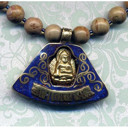 Natural Jasper Necklace, Buddha Lapis Lazuli Pendant, Buddhist Nepal Tibet Statement Buddhist Necklace, Handmade Nepal Art by AnnaArt72