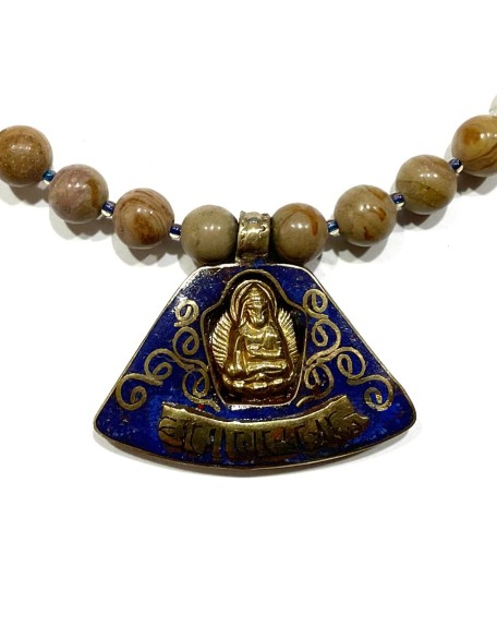 Natural Jasper Necklace, Buddha Lapis Lazuli Pendant, Buddhist Nepal Tibet Statement Buddhist Necklace, Handmade Nepal Art by AnnaArt72