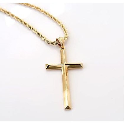 24K Gold Rope Chain Style Cross Pendant Necklace 3MM Cross Necklace Gift for MEN, HUSBAND FIANCE Thin for Charms Miami Cuban Link Diamond Cut Religious Beveled Edge
