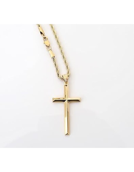 24K Gold Rope Chain Style Cross Pendant Necklace 3MM Cross Necklace Gift for MEN, HUSBAND FIANCE Thin for Charms Miami Cuban Link Diamond Cut Religious Beveled Edge