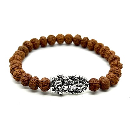 Rudraksha Beads Stretchable Bracelet - 8mm Real Chikna Rudraksh Beads - w/God Ganesha Ganesh Ganpati - Wrist Size 7.5 Inches