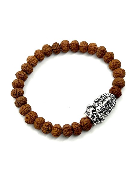 Rudraksha Beads Stretchable Bracelet - 8mm Real Chikna Rudraksh Beads - w/God Ganesha Ganesh Ganpati - Wrist Size 7.5 Inches