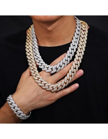 20mm Iced Out Cuban Link Chain 18K White Gold Plated 4-Row dense 5A+ Cubic Zirconia Bling Diamond Necklace Hip Hop Rapper Luxury Jewelry Thick Heavy Cuban Link Chain for Men and Women