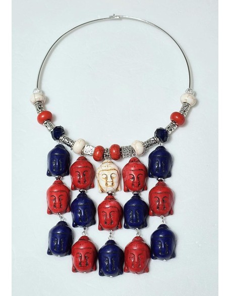 Carved Red Blue White Gemstone Multi-Buddha Handmade Necklace Earrings