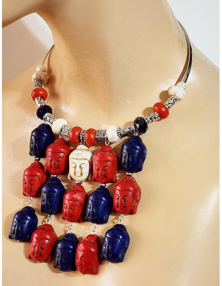 Carved Red Blue White Gemstone Multi-Buddha Handmade Necklace Earrings