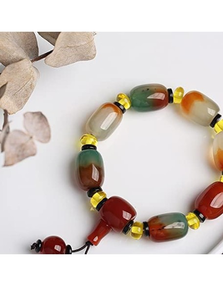 Bracelets for Women, Tibetan Agate Bracelet Bangle, Peacock Agate Barrel Bead red Agate Buddha Head Bracelet, Passepartout Agate Bracelet Auspicious Gifts for Mother Jewelry (1813mm)