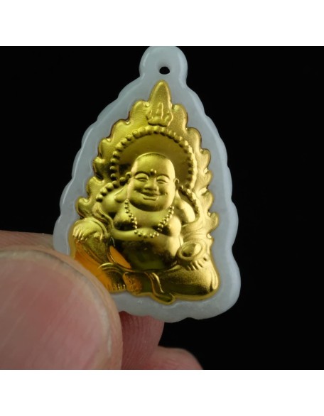 Happy Laugh Buddha Gold Leaf Natural Jadeite Jade Pendant