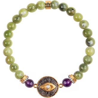 - Defensive Trio - Women's Genuine Jade Stone 18K Gold Plated Brass Evil Eye Beaded Bracelet. 6.5" stretch.Protection Bracelet, Ready to Gift for Her.