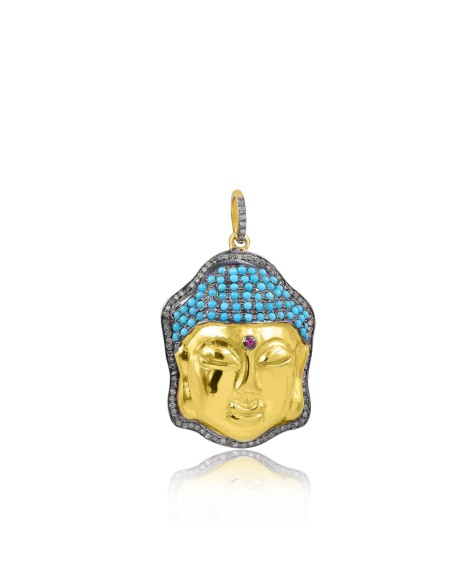 14K Yellow Gold Plated Buddha Pendant, Turquoise, Diamond, Pink Sapphire Buddha Pendant, Yellow Gold & Gray Plated Buddha Pendant