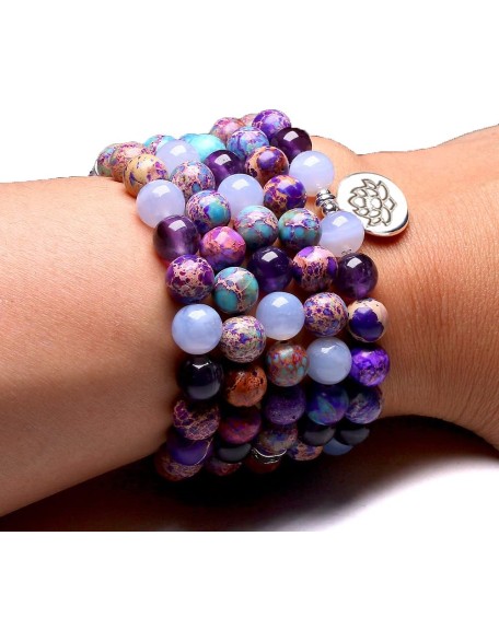 8mm Purple Emperor Tourmaline Bead Bracelet,108 Mala Tibetan Natural Gemstone Prayer Buddha Beads Mala Wrap Bracelet Necklace for Meditation Yoga Women
