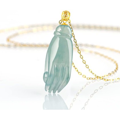 Natural Jade Fortune Cui Oil Buddha Hande Pendant Grade A Jadeite Certified Hand-Carved Fengshui Amulet Wealth Pendant Necklace,18K Gold Buckle，Silver Necklace.