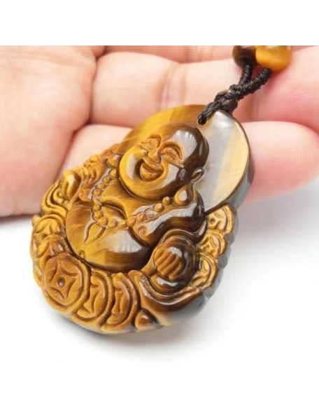 Tiger's Eye Pendant Hand Carved Energy Healing Maitreya Buddha Necklace With Bead Chain Lucky Amulet Fo Crystal Jewelry For Women Men
