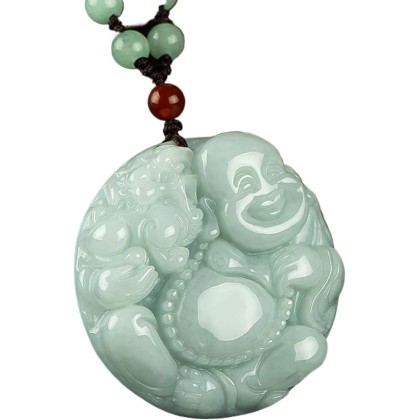 Gemstone Necklace,jade necklace,Feng Shui Wealth Laughing Buddha Necklace Pendant Natural Gemstone Semi Precious Emerald Jade Pendant Crystal Amulet Jewelry Talisman for Prosperity Money Good Luck Uni
