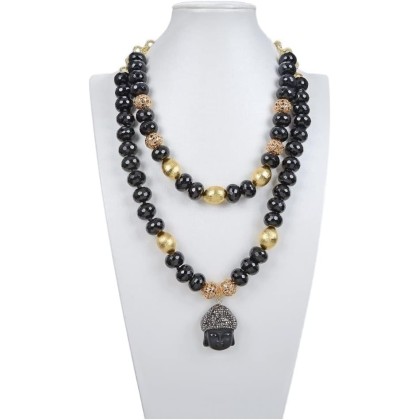 fashion accessories Jewelry Natural 2 Rows Black Onyx Rondelle Buddha Chain Buddhist Statues Pendant Necklace 21inch for Women Women's Necklaces