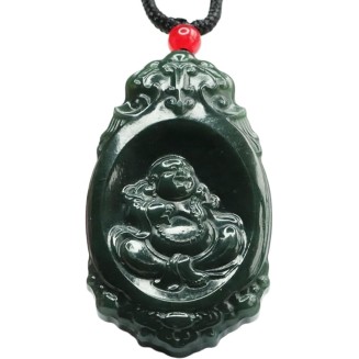 Chalcedony Necklace, Feng Shui Necklace Natural Hetian Jade Necklace Buddha Charm Pendant Necklace Talisman Stone Good Luck Necklace Dark Green Jade Necklace for Women Men Vintage Meditation Necklace