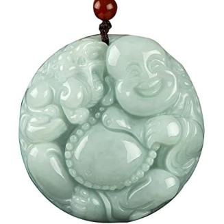 Chalcedony Necklace, Feng Shui Wealth Laughing Buddha Necklace Pendant Natural Gemstone Semi Precious Emerald Jade Pendant Crystal Amulet Jewelry Talisman for Prosperity Money Good Luck Unisex