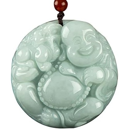 Chalcedony Necklace, Feng Shui Wealth Laughing Buddha Necklace Pendant Natural Gemstone Semi Precious Emerald Jade Pendant Crystal Amulet Jewelry Talisman for Prosperity Money Good Luck Unisex