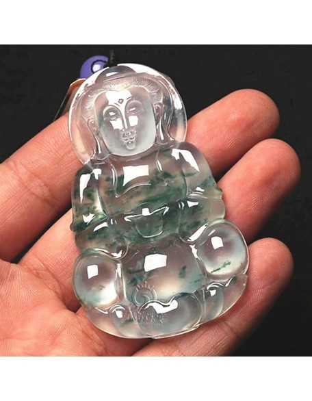 Chalcedony Necklace, Feng Shui Jade Necklace Guanyin Buddha Necklace for Men Natural Jade Pendant Charm Necklace W/Cord Buddhist Amulet Necklace Mala Good Luck Wealth Necklace Meditation Jewelry