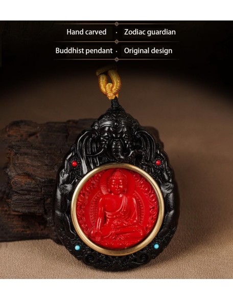 Feng Shui Buddha Amulet Pendant Necklace, Ebony Cinnabar Good Luck Protection Tibetan Buddhist Jewelry, Health Talisman Ward Off Evil Necklace, Handmade Wood Carving Religion Gifts