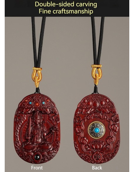 Rosewood Buddha Amulet Pendant Necklace,Tibetan Buddhist Jewelry,Feng Shui Wealth Good Luck Protection,Religion Gifts,Ward Off Evil Necklace Talisman,Handmade Wood Carving