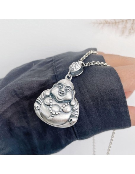 Necklace，Necklace Laughing Buddha Pendant Necklace Silver Buddha Necklace for Women Men Long Chain Necklace Feng Shui Wealth Necklace Amulet for Money Good,Large