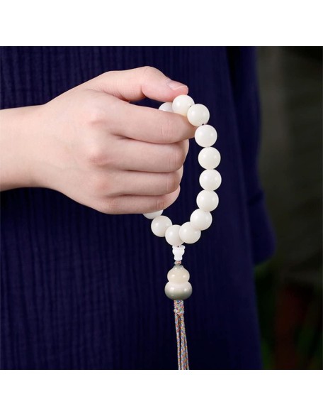 Mala Bead,Buddhist Rosary, Tibetan Buddhist Prayer Beads White Jade Bodhi Root Beaded Bracelet Handmade Tassel Hand-Held Buddha Bead for Meditation Prayer