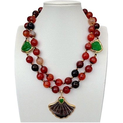 Women's Necklaces Statement Necklace 2 Rows Magic Agate Green Jade Buddha Black Shell Pendant Necklace 18inch