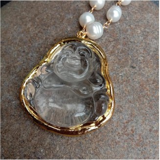 Women's Necklaces Cultured White Pearl Rosary Chain Necklace Quartzs Carved Buddha Pendant 18inch