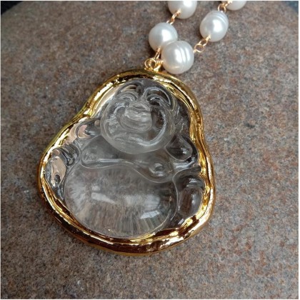 Women's Necklaces Cultured White Pearl Rosary Chain Necklace Quartzs Carved Buddha Pendant 18inch