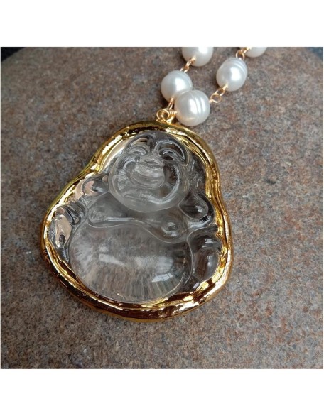 Women's Necklaces Cultured White Pearl Rosary Chain Necklace Quartzs Carved Buddha Pendant 18inch
