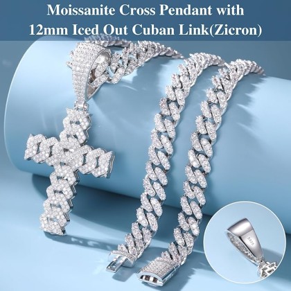 Moissanite Cross Necklace 2.7 Carat Iced Out Moissanite Cross Pendant 925 Sterling Silver Cross Chain Necklace D Color VVS1 Diamond 18k Gold Plated Christian Pendant
