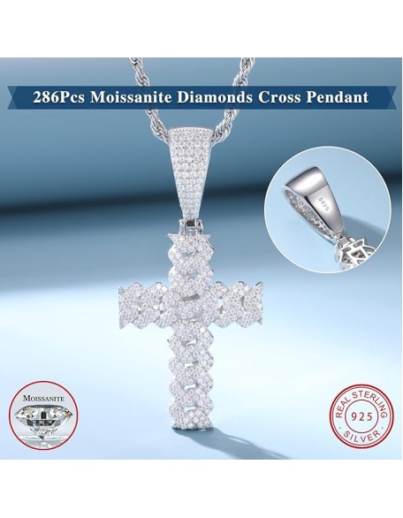 Moissanite Cross Necklace 2.7 Carat Iced Out Moissanite Cross Pendant 925 Sterling Silver Cross Chain Necklace D Color VVS1 Diamond 18k Gold Plated Christian Pendant