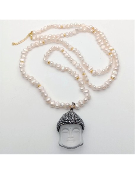37inch Cultured White Baroque Freshwater Pearl Necklace Clear Crystal Buddha Pendant Religious Style Party Necklace pendant