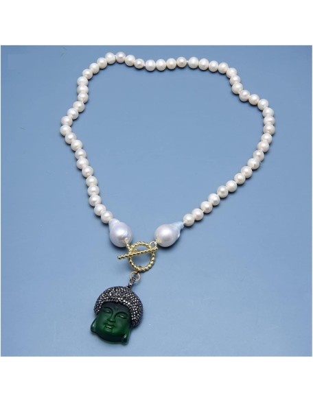 Jewelry Freshwater White Pearl Keshi Pearl Necklace Green Quartz Pave Buddha Pendant Necklace pendant
