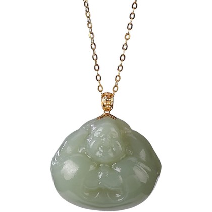 Feng Shui Pendant,Feng Shui Green Hetian Jade Laughing Buddha Wealth Pendant Necklace Chakra Crystal Amulet Lucky Wealth Ward Off Evil Spirits Sweater Chain Attract Wealth Men Women Pendant necklace