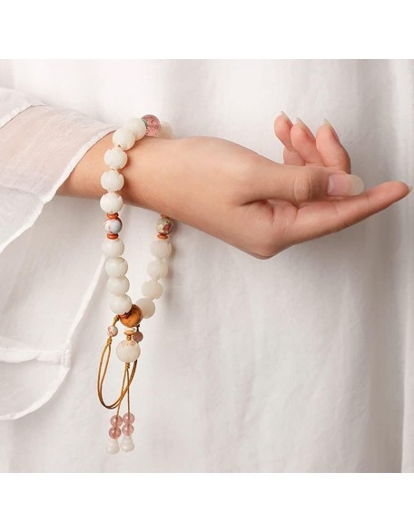 Tibetan Buddhist Prayer Beads - Mala Bead Buddhist Rosary, White Jade Bodhi Lotus Hand String, Bodhi Buddha Beads Rosary for Men and Women with Single Ring Bracelet