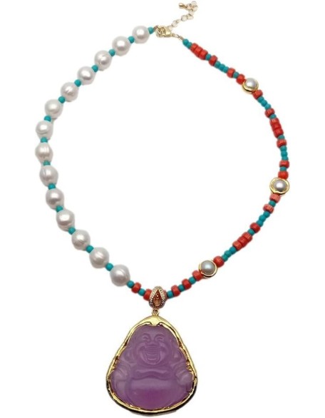 Women's Necklaces White Pearl Red Coral Blue Necklace Purple Jade Buddha Pendant