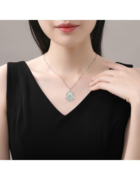 Jade Pendant for Women Men, Silver Inlaid Green Laughing Buddha Necklace Natural Burmese Jadeite Jewelry