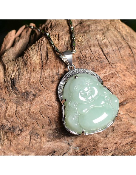 Jade Pendants for Men and Women, Silver Inlaid Jade Buddha Pendants, Myanmar Jade Buddha Jewelry