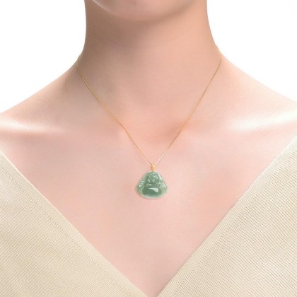 Jade Pendant for Women Men, 18K Gold Plated Green Laughing Buddha Necklace Natural Burmese Jadeite Jewelry