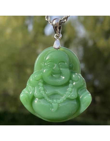 Jade Necklaces for Women Men, Natural Light Green Jade Necklace Laughing Buddha Silver Pendant Jewelry