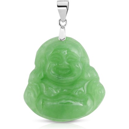 Jade Necklaces for Women Men, Sterling Silver Happy Buddha Real Jade Pendant (Green Jade)