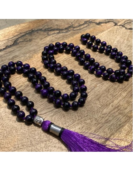  Purple Tiger Eye 108 Mala Necklace| Mala|108 Prayer 10mm Beaded Mala Necklace| Hand knotted Mala Bracelet | Japa Mala| Round Beads| Meditation Tassel